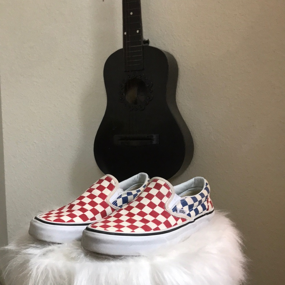 Slip On Checkerboard Vans (Red and Blue)